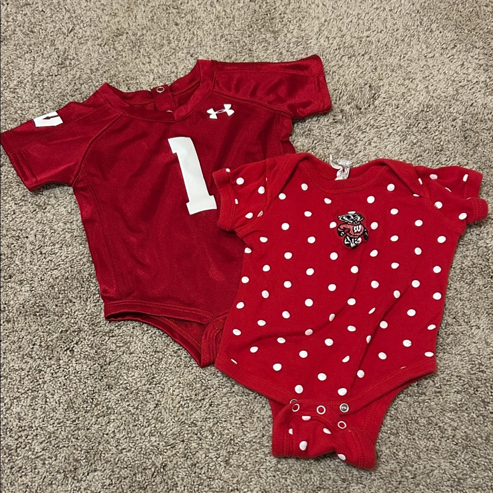 Two University of Wisconsin baby clothes